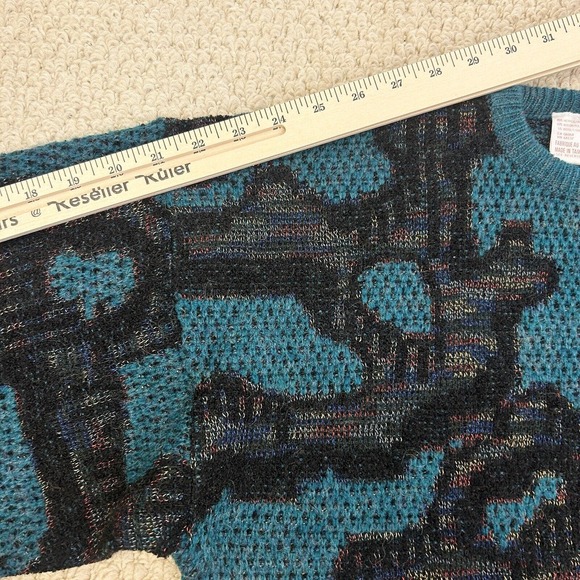 Vintage Bugatchi Sweater Mens M Crew Neck Pullover 90s‎ 80s All Over Print Teal - Picture 12 of 12